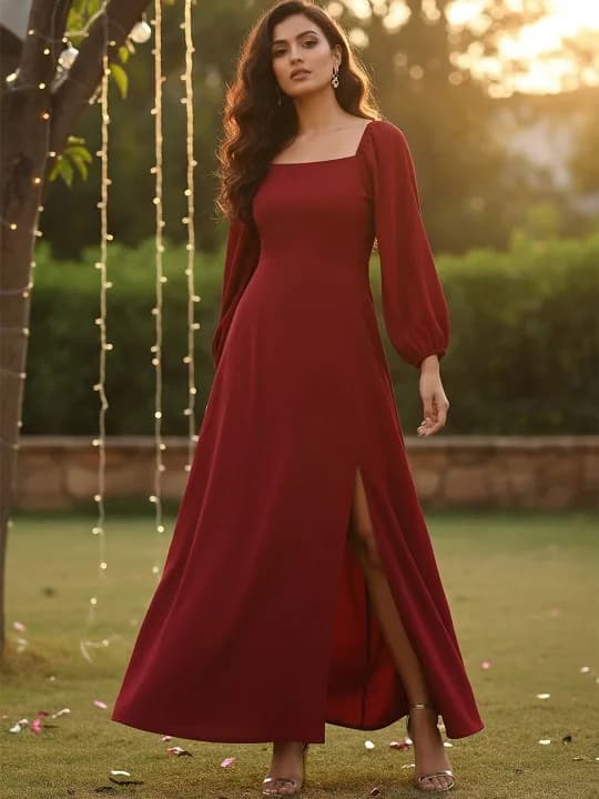 Women Gorgeous Red Solid Puff Sleeves Dress
