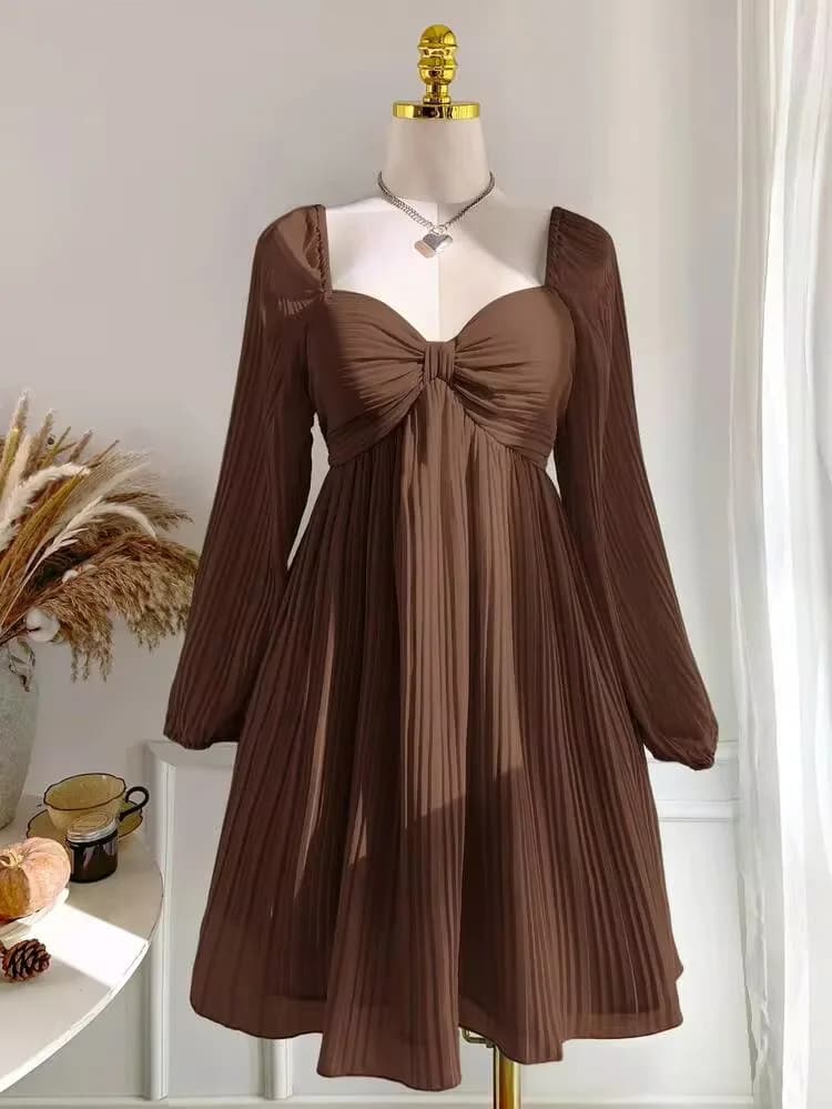 Comfortcana Plus Size Casual Pleated Long Sleeve Dress, Autumn/Winter Chocolate Brown Coffee Elegant Holiday Fall Date Night Evening