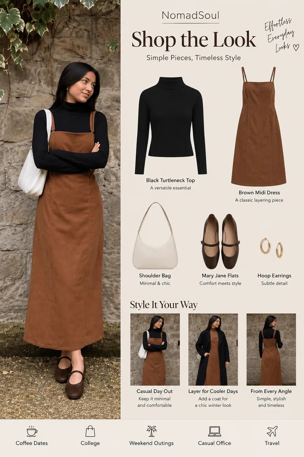 Black Turtleneck With Brown Midi Dress: An Effortless Fall Layering Outfit