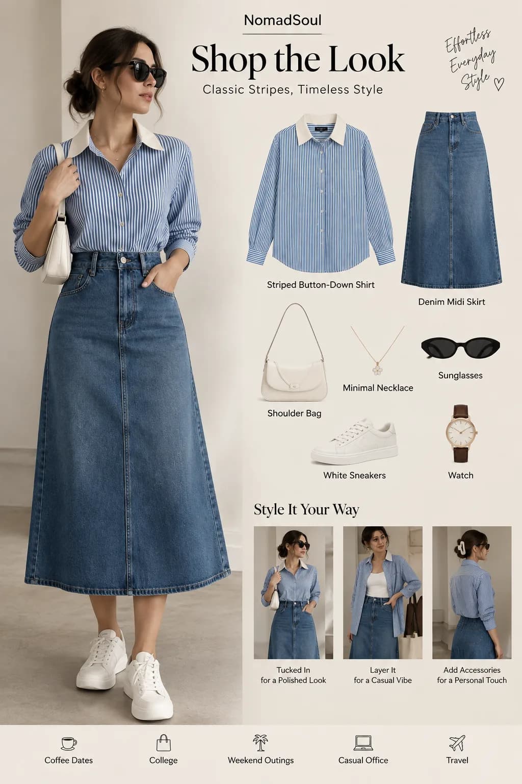 Shop the look: Blue Striped Shirt With Denim Midi Skirt Easy Everyday Outfit