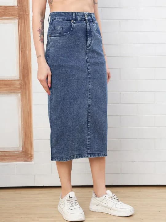 Women Denim Blend Back Slit Midi Straight Skirt