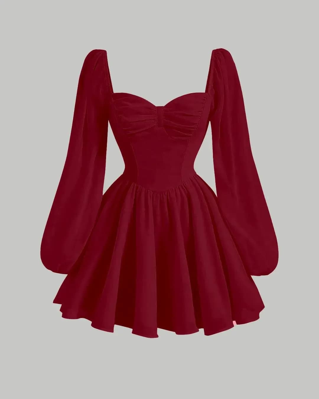 Pleated Bust Lantern Sleeve Red Date Night Dress