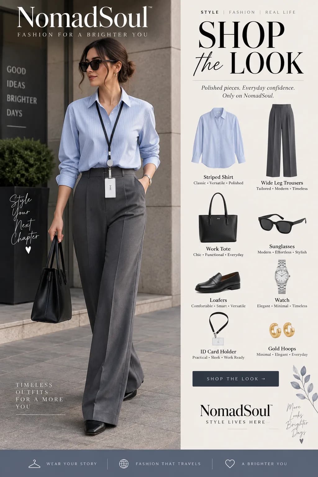 Blue Striped Shirt and Wide-Leg Trousers Work Outfit