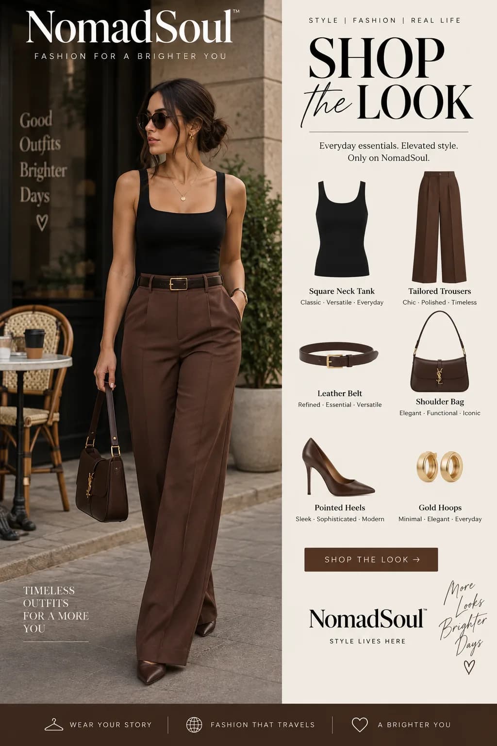 Black Square-Neck Top With Brown Tailored Trousers