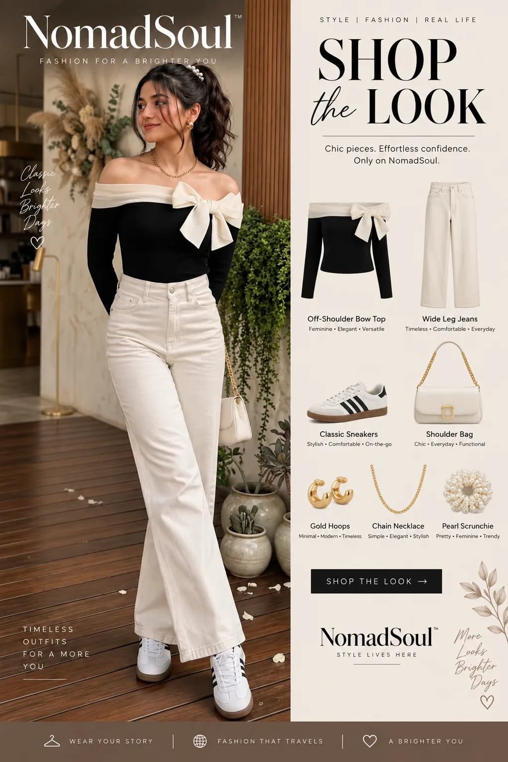 Shop the Look: Black Off-Shoulder Bow Top With White Wide-Leg Jeans