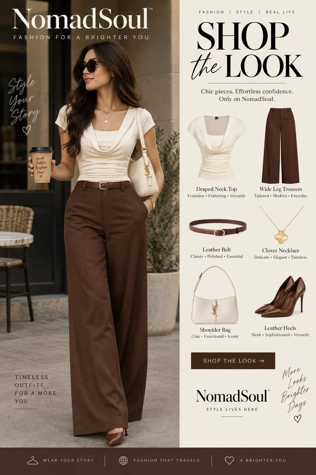 Cream Draped Top With Brown Wide-Leg Trousers