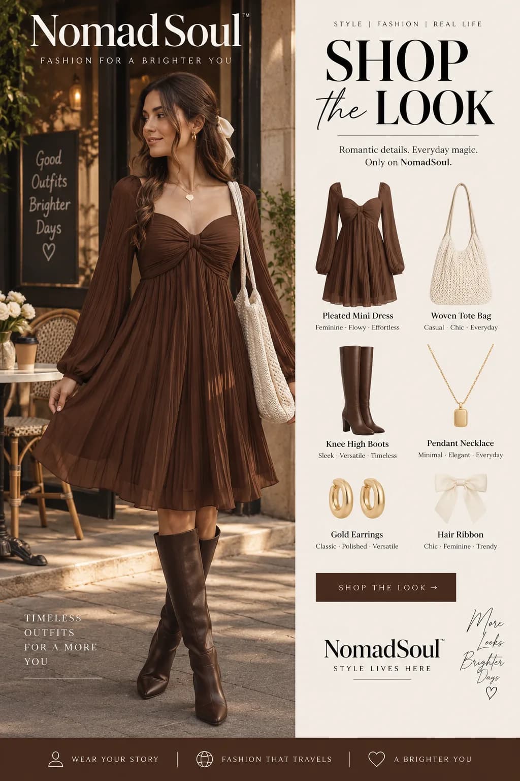 Shop the Look: Chocolate Brown Pleated Dress With Knee-High Boots