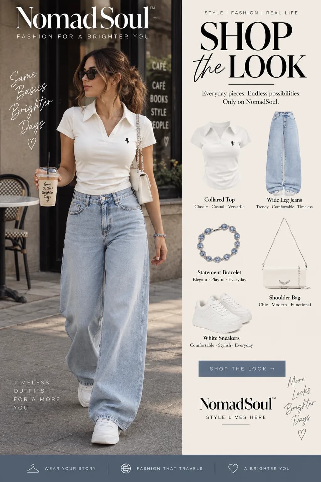 Shop the Look: White Polo Top With Light-Wash Wide-Leg Jeans