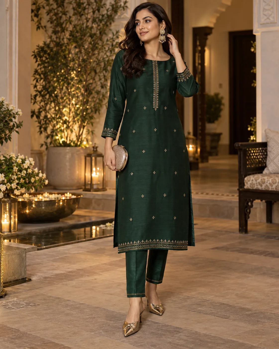 Straight Kurta Set With Statement Earrings and Pointed Mules