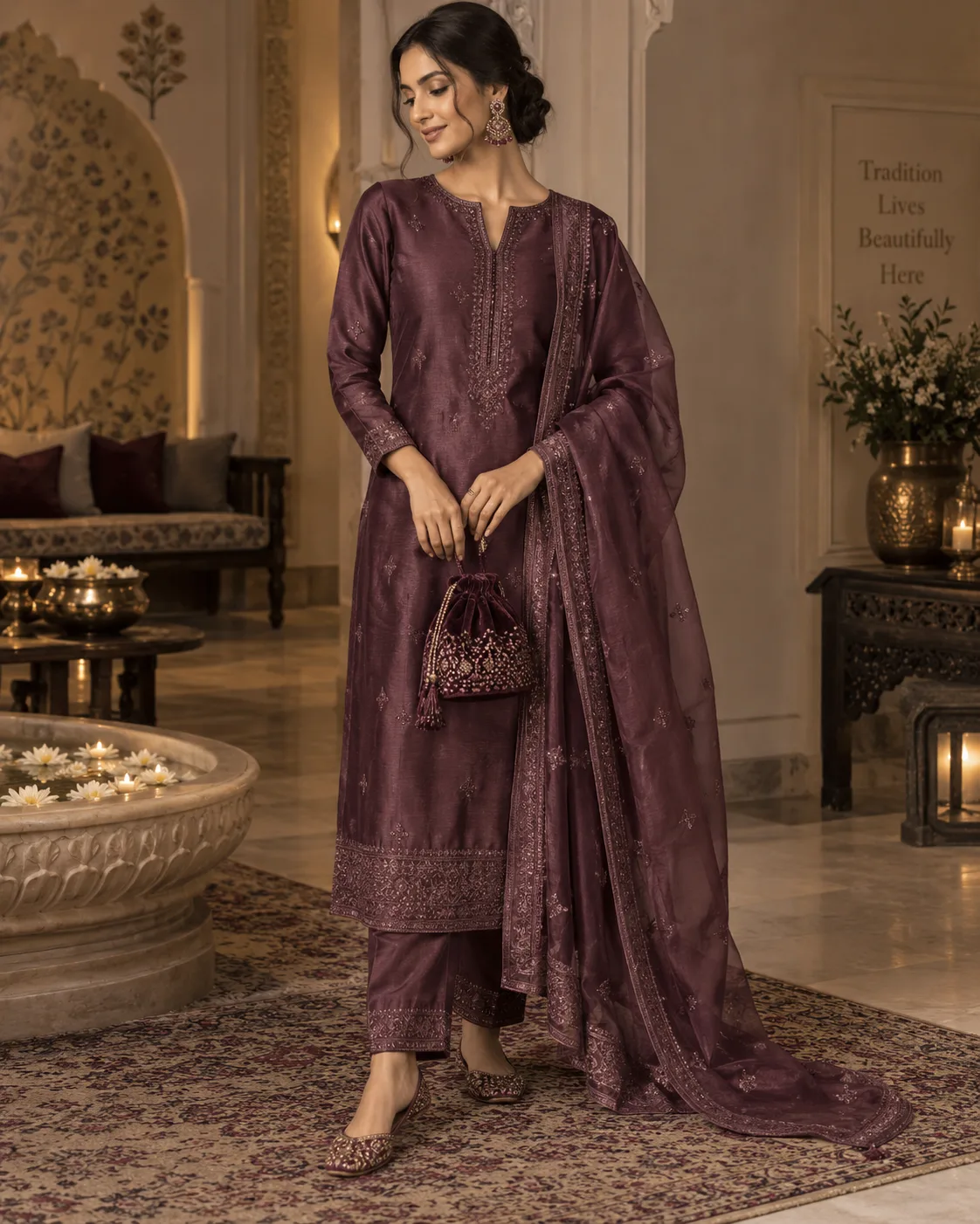 Monochrome Kurta Set With Textural Accessories