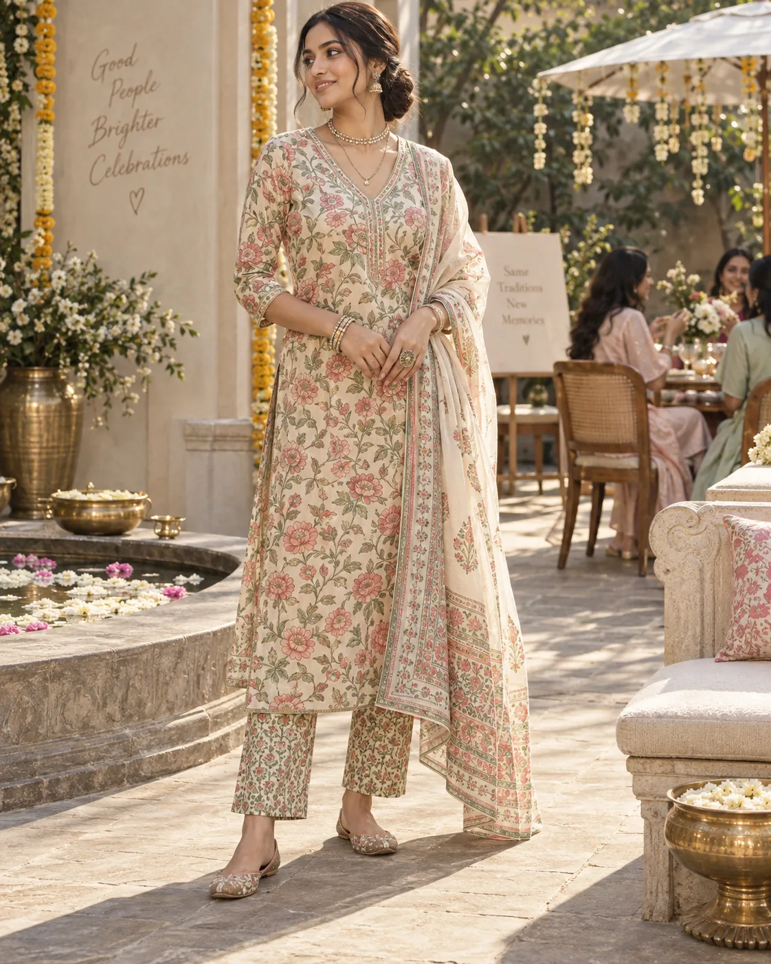 Printed Kurta Set With Layered Festive Jewellery