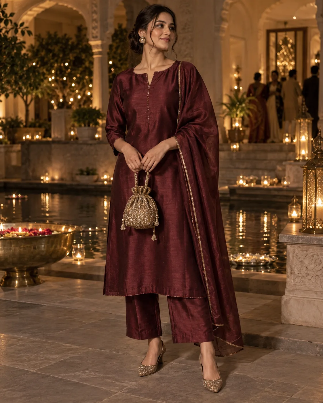 Silk Kurta Set With a Structured Potli or Clutch