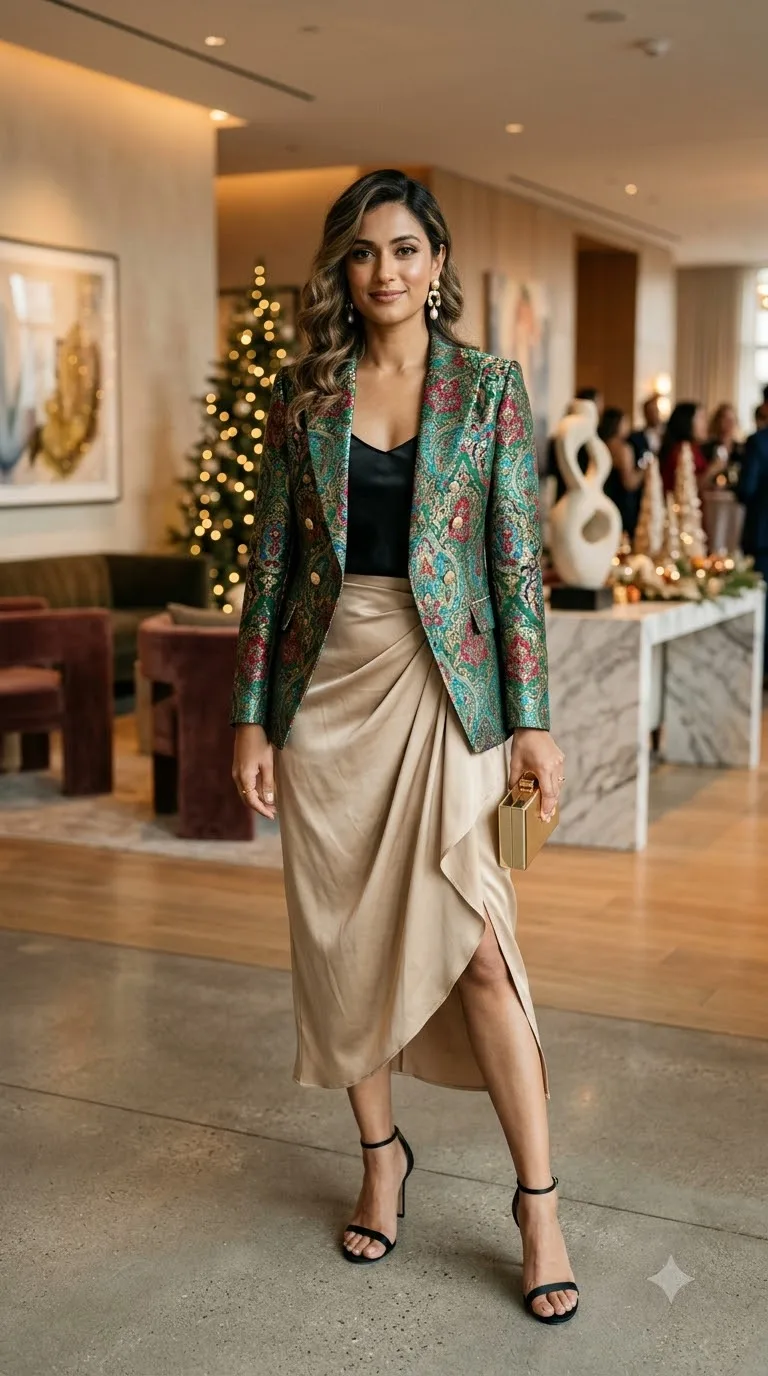 Woman wearing brocade blazer
