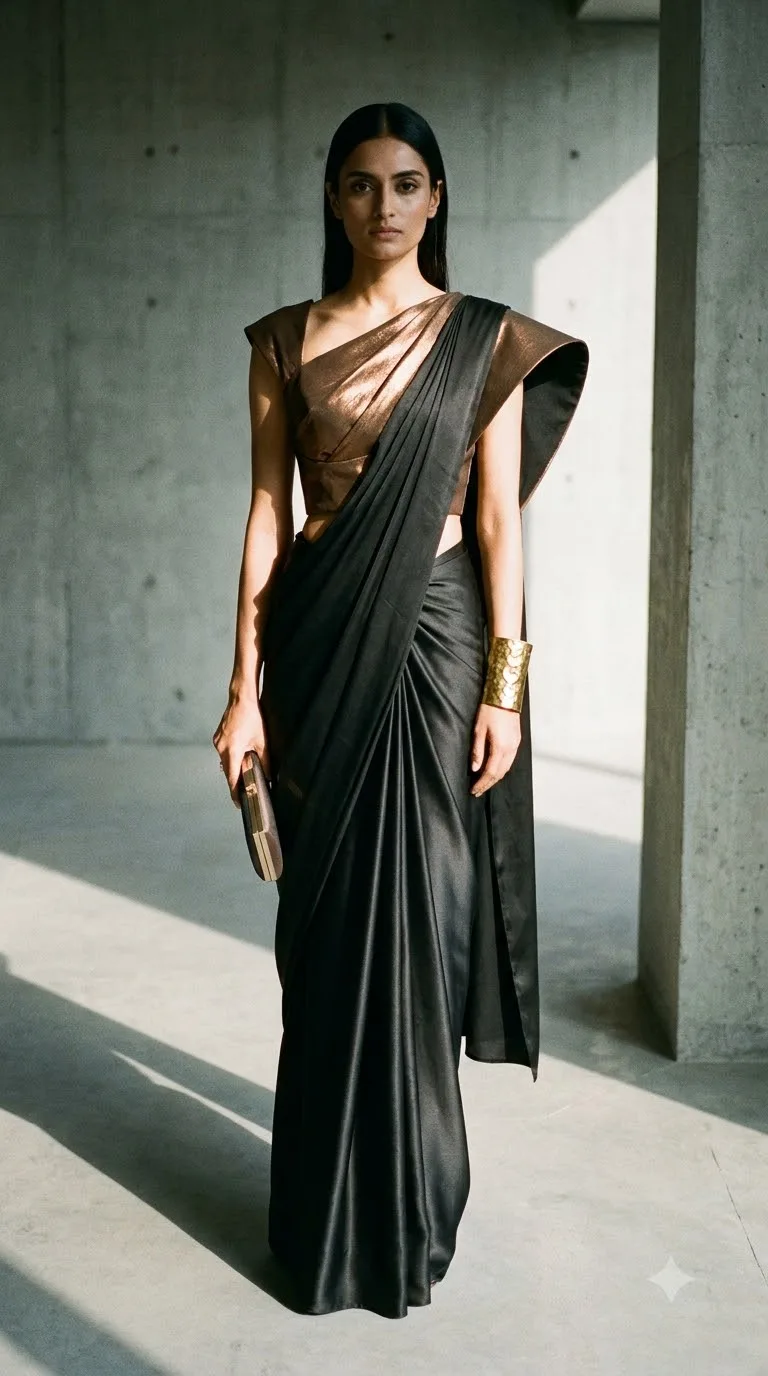 Woman wearing sculptural saree blouse