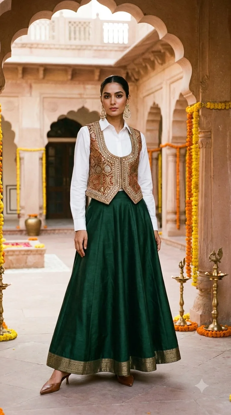 Woman wearing embroidered waistcoat