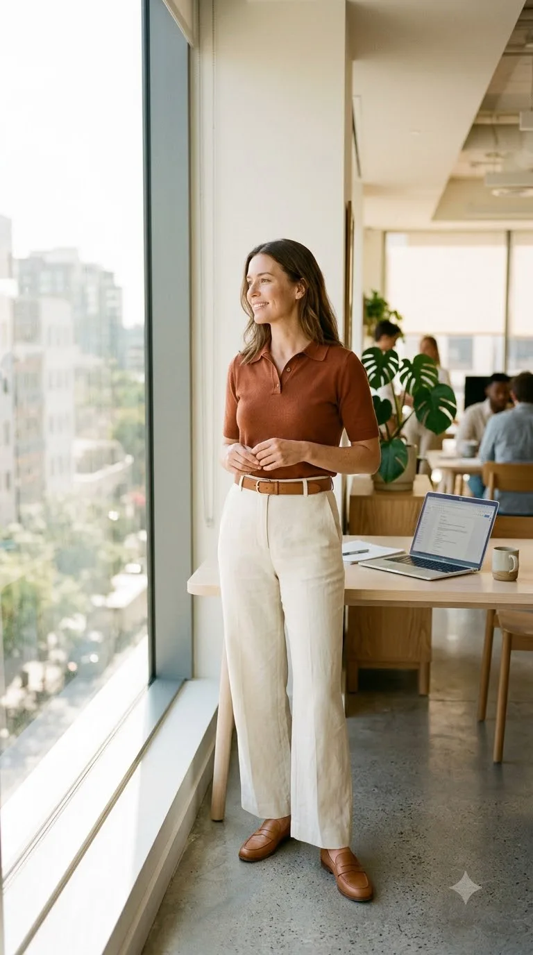 Rust Polo and Cream Wide Legs
