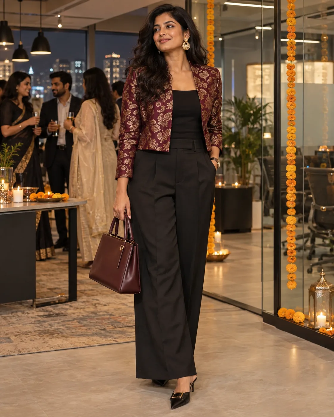 Handloom or Brocade Jacket With Wide Leg Trousers