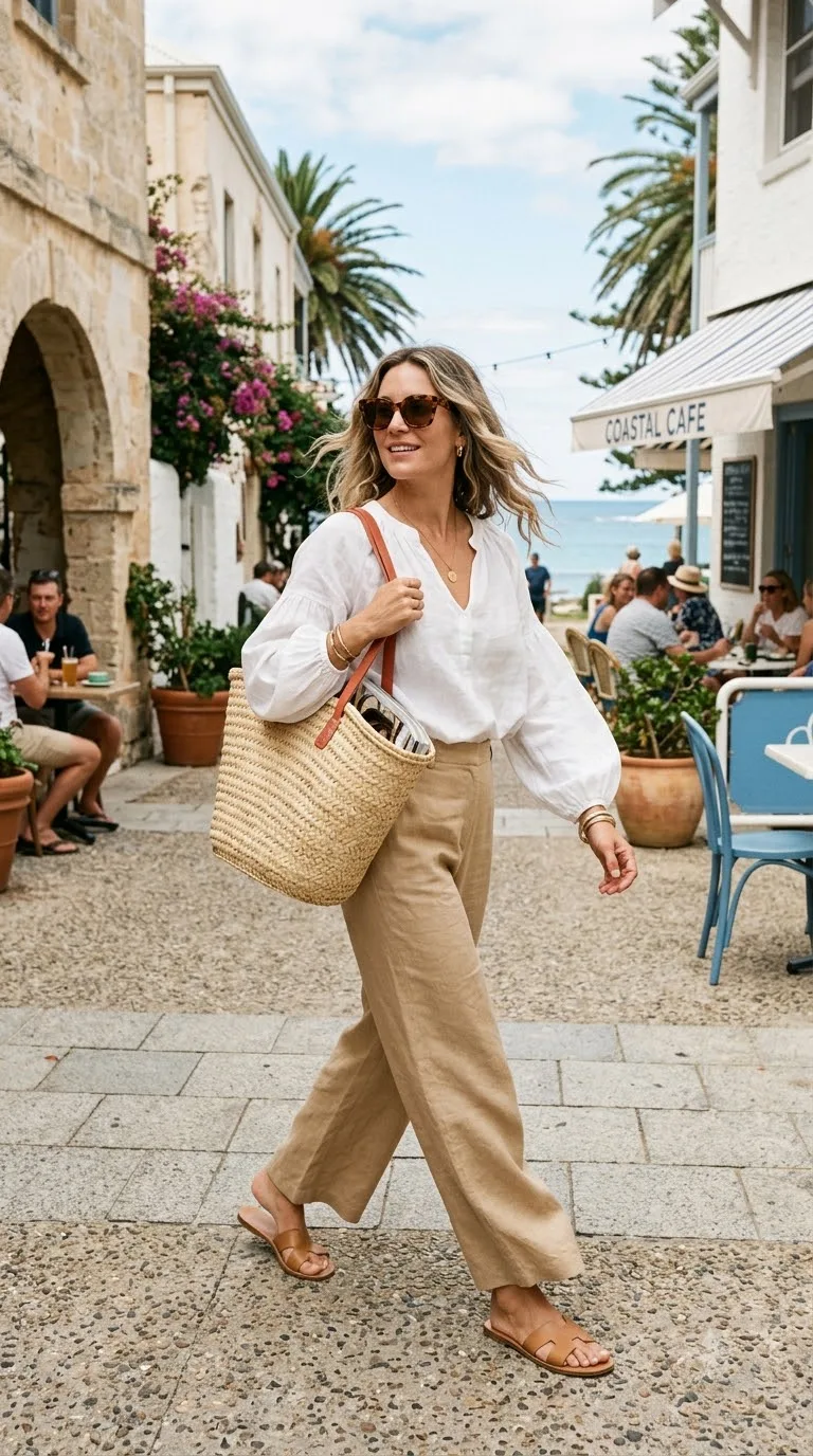 Woman wearing blouse and trousers