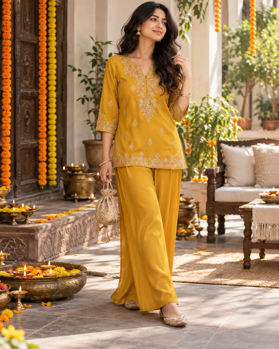 Short Embroidered Kurta With Fluid Trousers