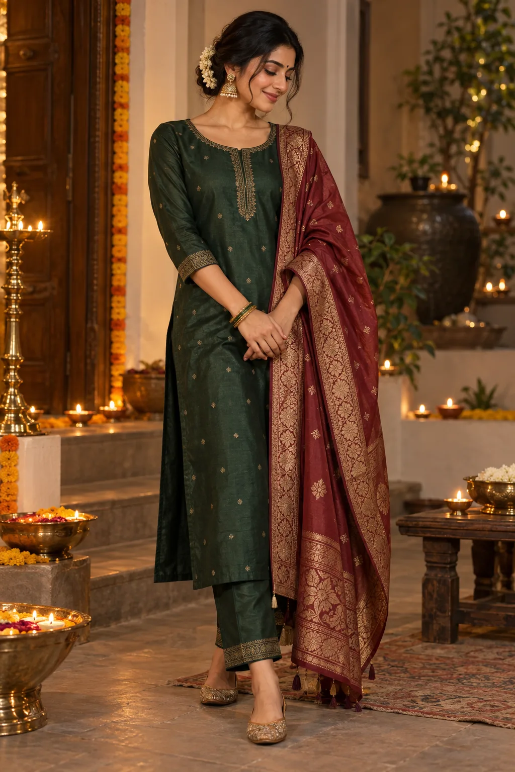 Silk Kurta Set + Contrasting Handloom Dupatta