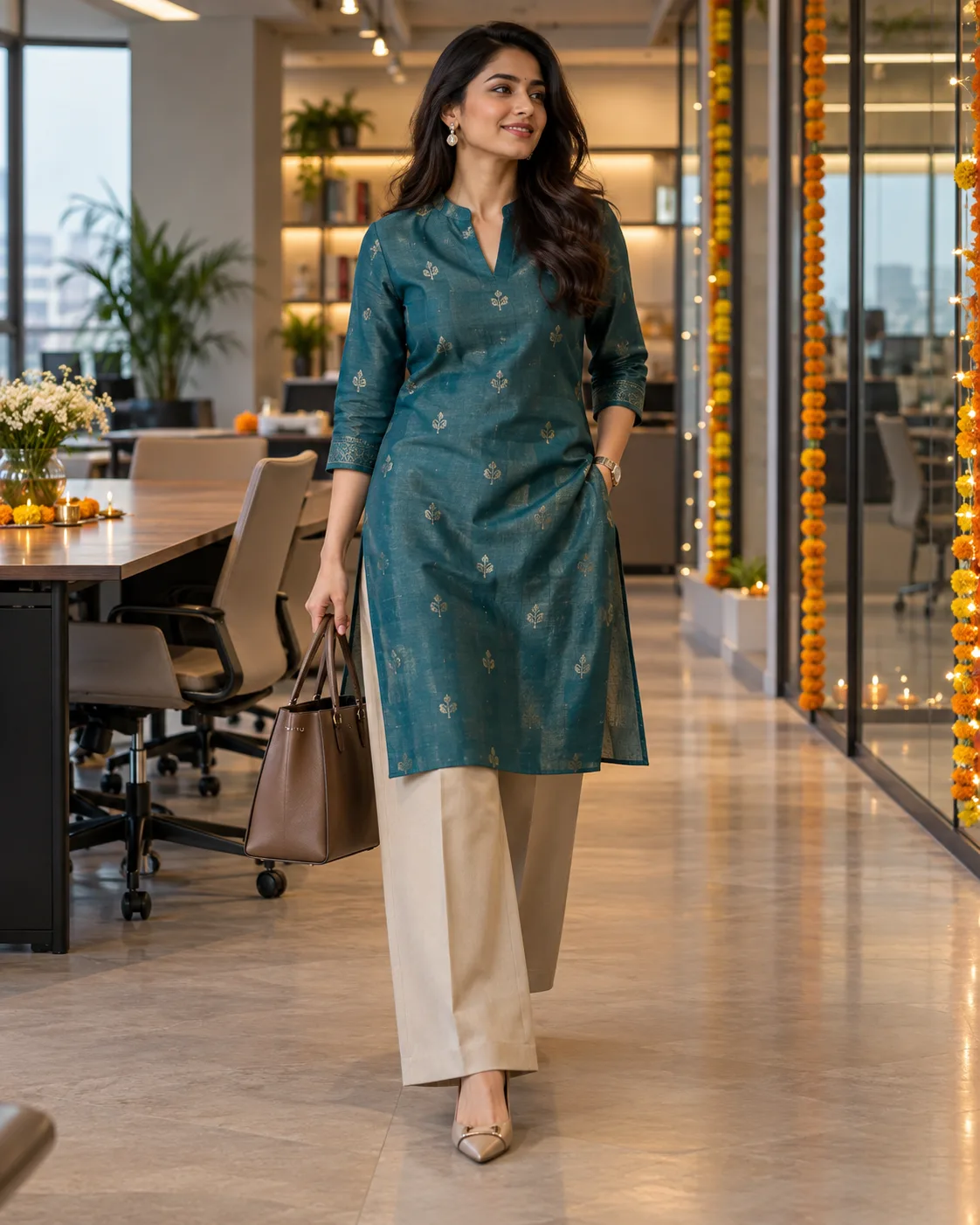 Chanderi Kurta + Tailored Wide Leg Trousers