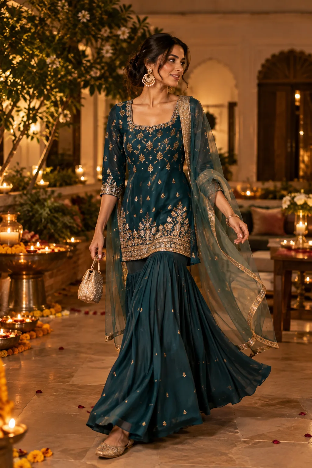 Short Kurti + Fluid Sharara + Sheer Dupatta