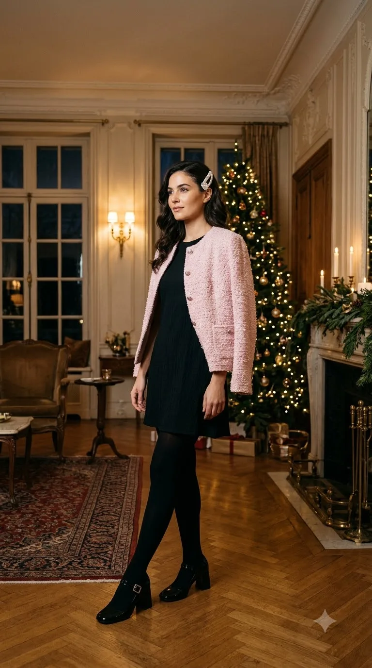 Pale Pink Bouclé Jacket Over a Black Mini Dress