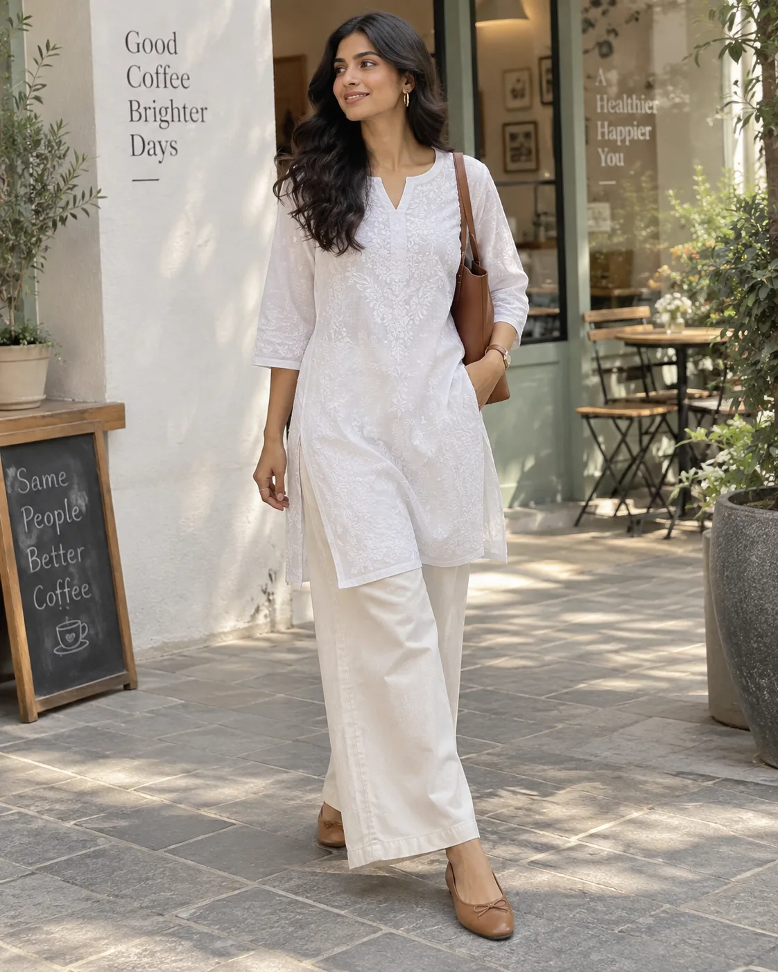 White Chikankari Kurti + Ecru Wide Leg Jeans