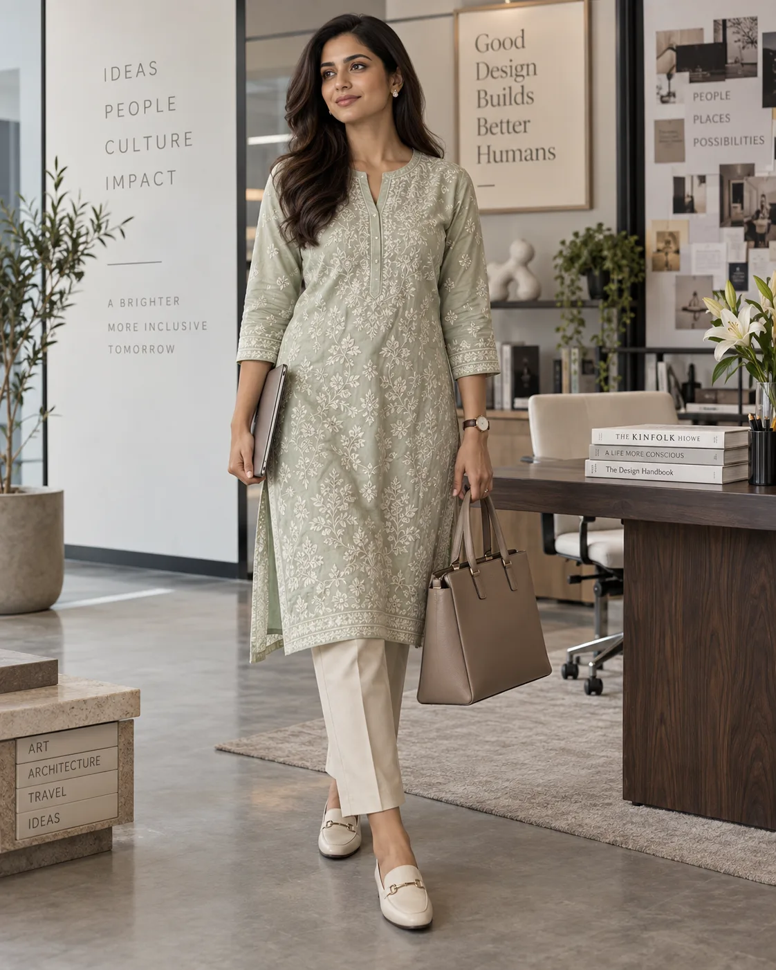 Pastel Chikankari Kurti With Tailored Trousers