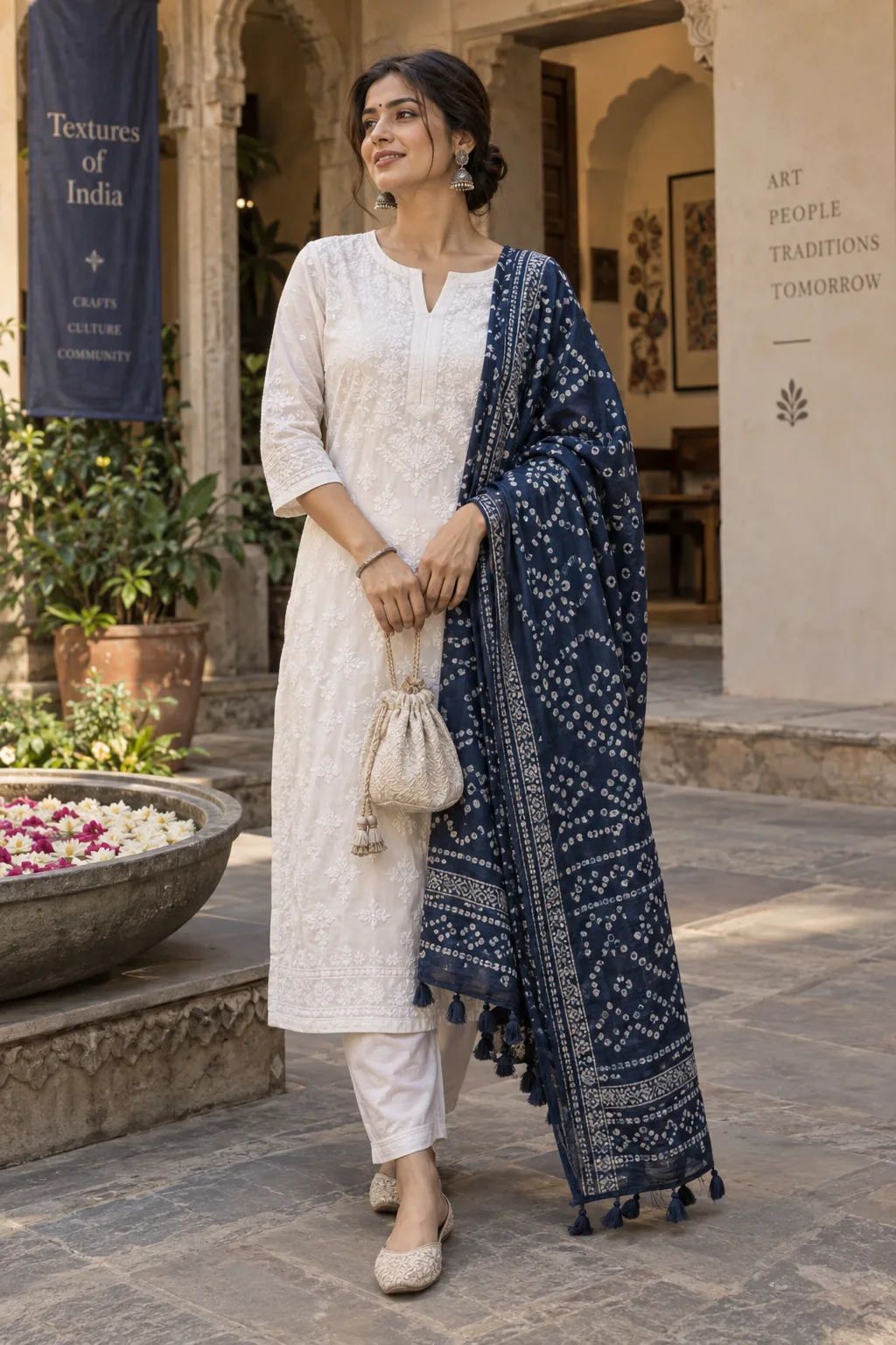 Chikankari Kurti + Bandhani or Printed Dupatta