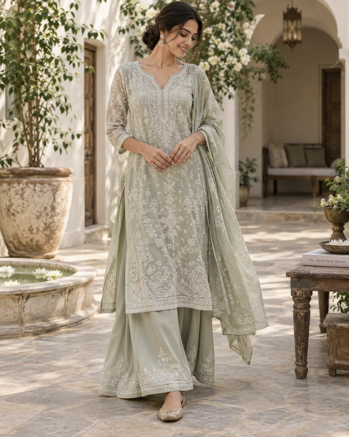 long Chikankari kurti with fluid palazzo pants