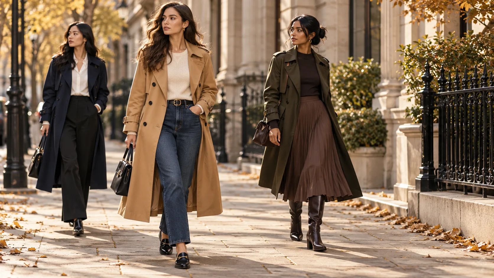 Three women wearing different fall trench coat outfits with jeans, a midi skirt, and tailored trousers in a modern city setting