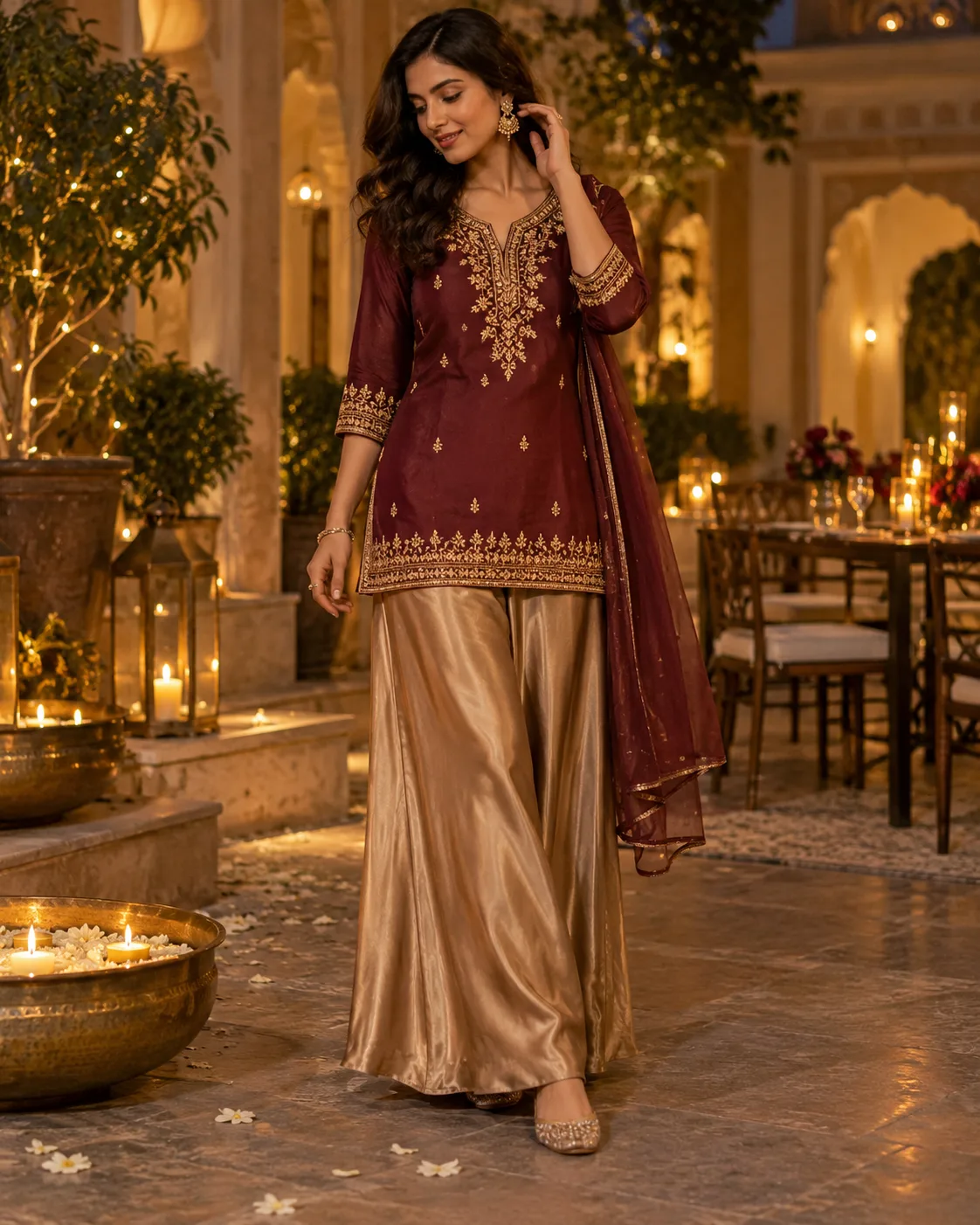 Short Embroidered Kurta With Satin or Silky Palazzos