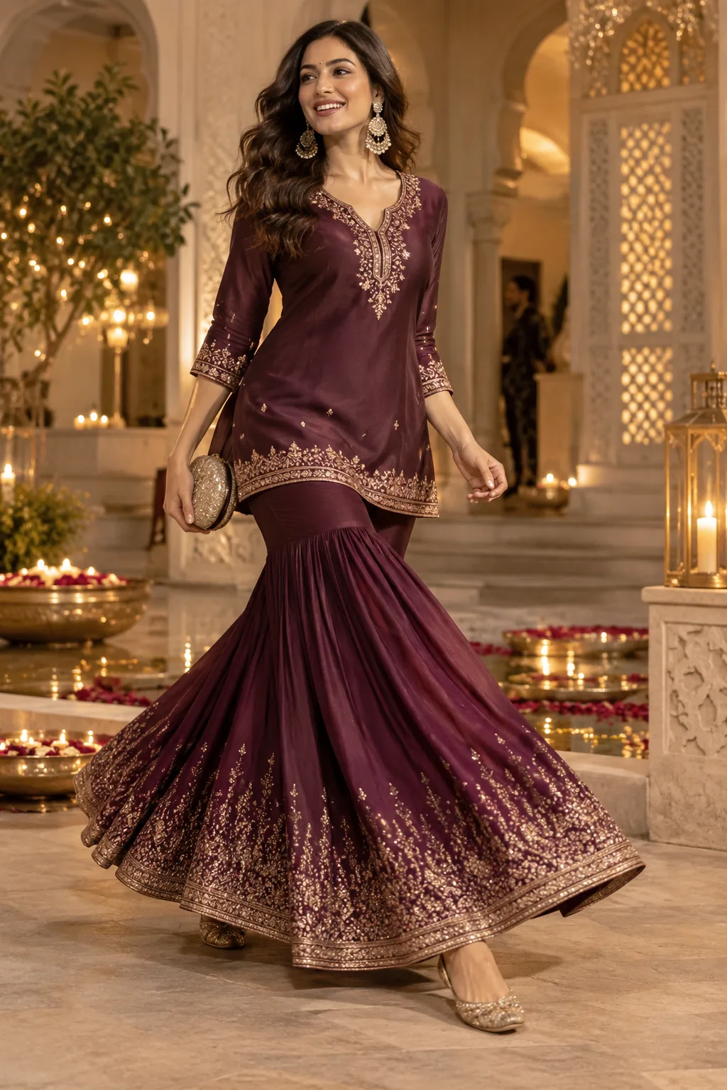 Short Embroidered Kurta With Dramatic Sharara Pants