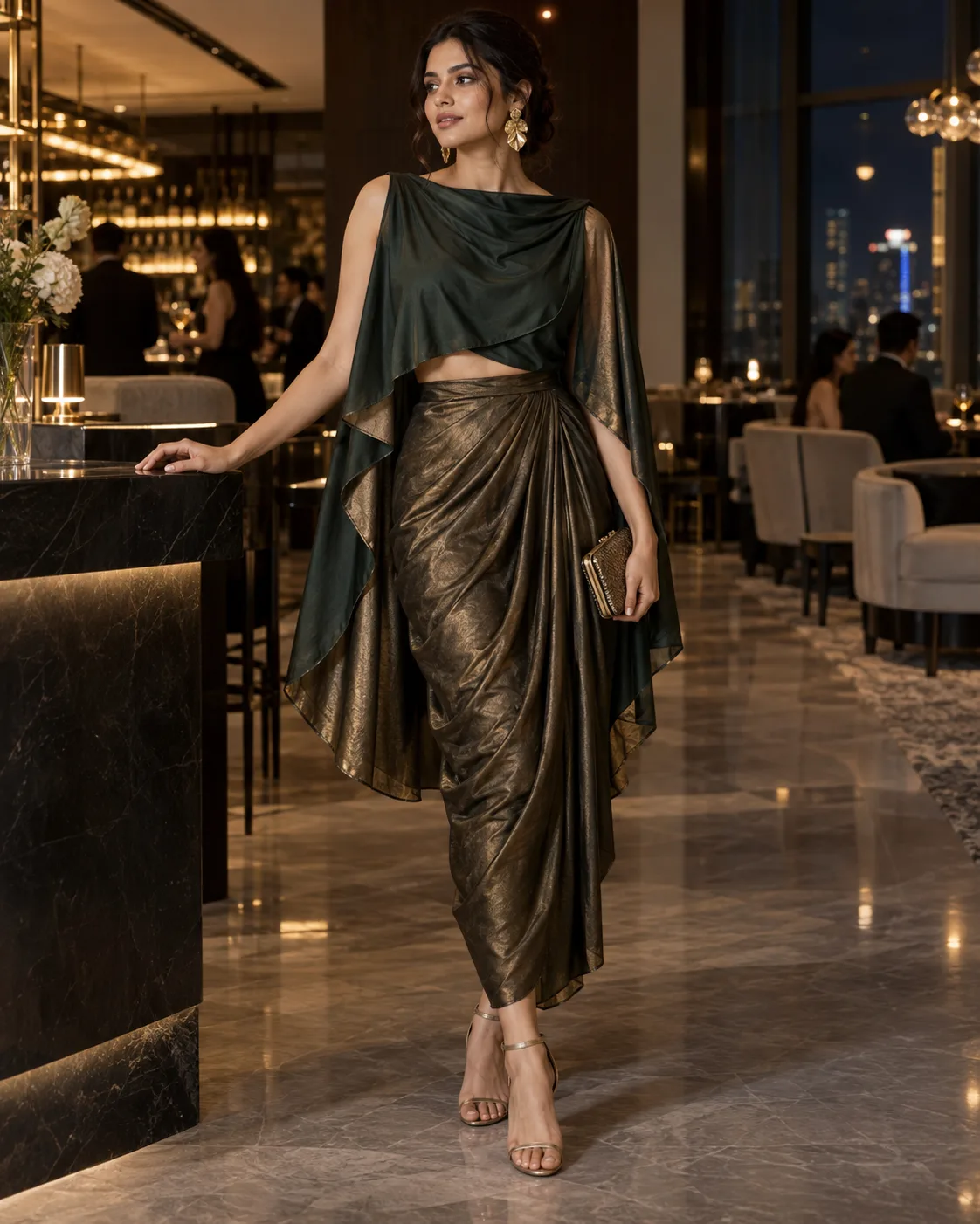 Cape Blouse With a Draped Midi Skirt