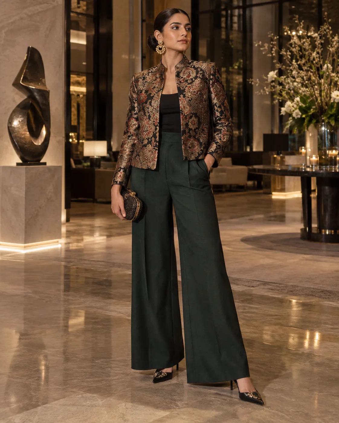Brocade Jacket With Wide Leg Trousers