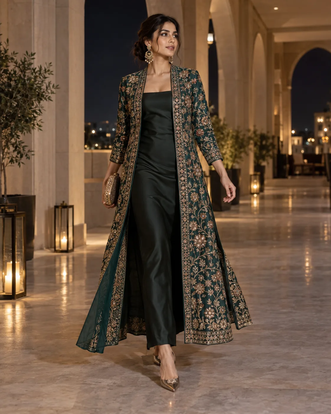 Long Embroidered Jacket Over a Sleek Slip or Column Dress