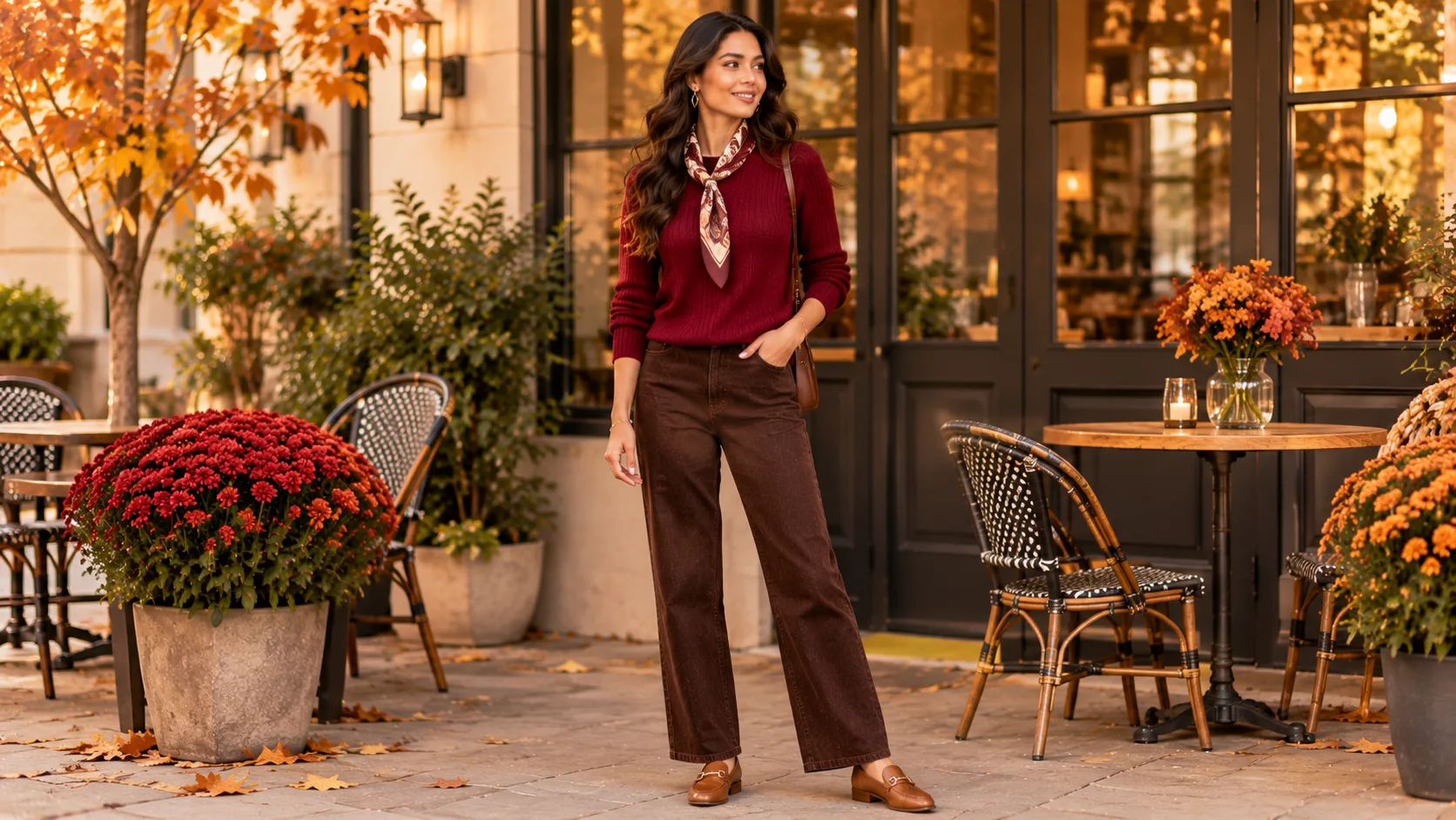 Cranberry Sweater With Brown Straight Jeans