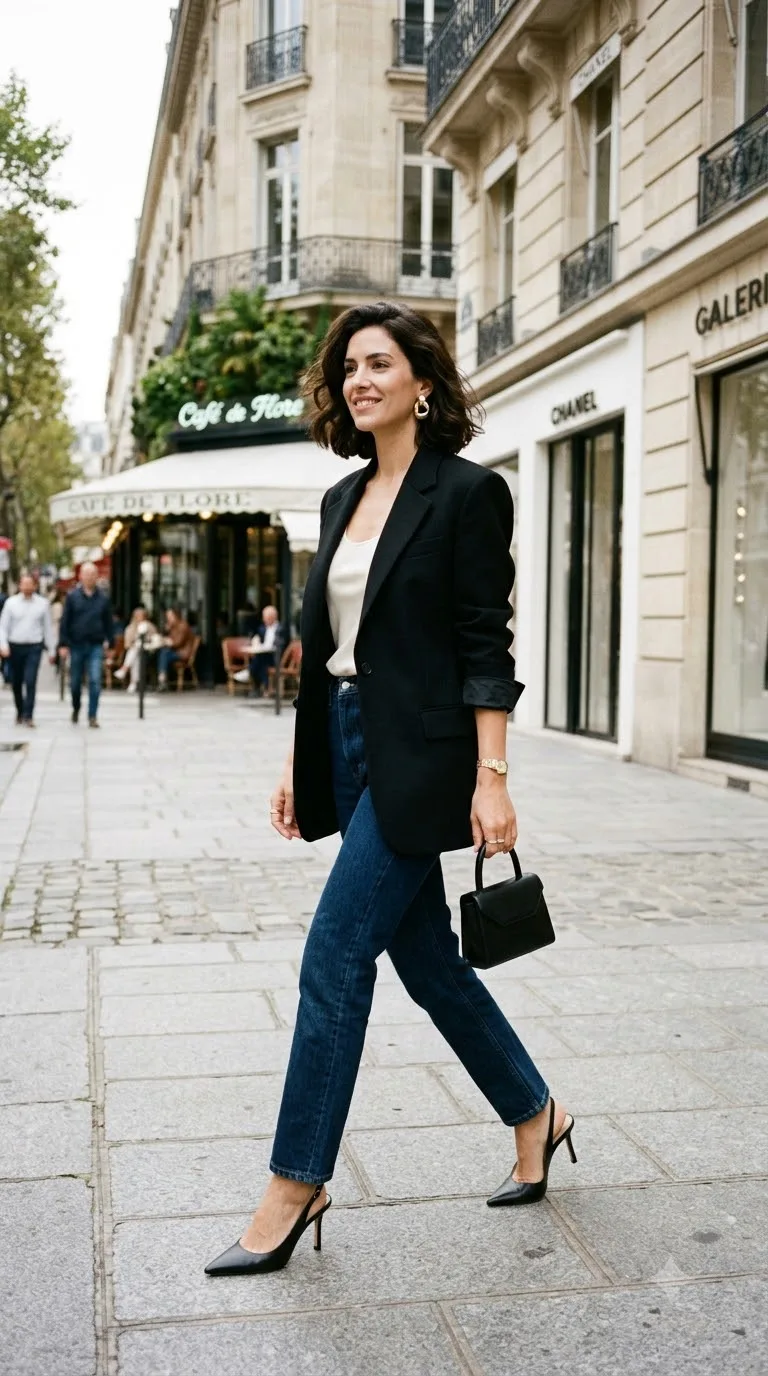 Woman wearing blazer and jeans black