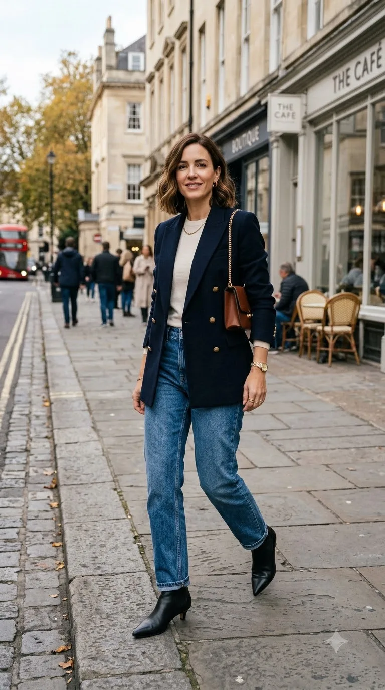 Woman wearing blazer and jeans black