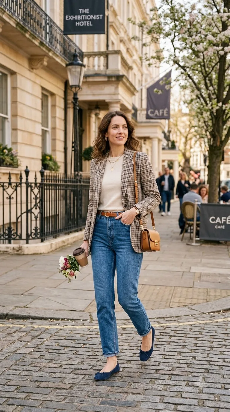 Woman wearing checked blazer outfit