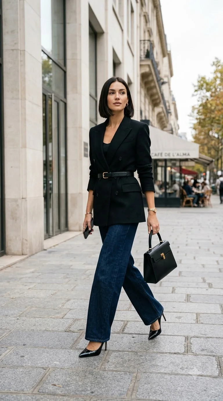 Woman wearing belted blazer