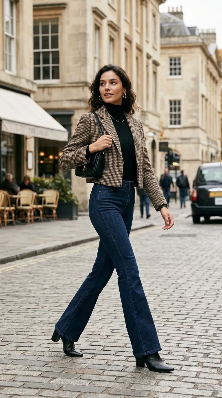 Woman wearing croped blazer and jeans