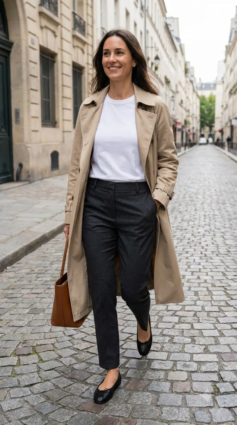 Outfit with trousers and trench