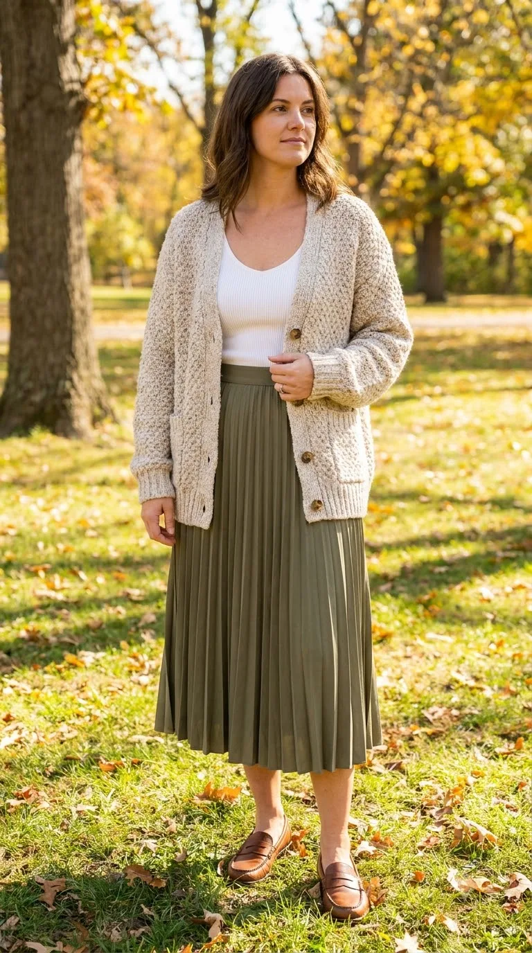 Cardigan over skirt and loafers