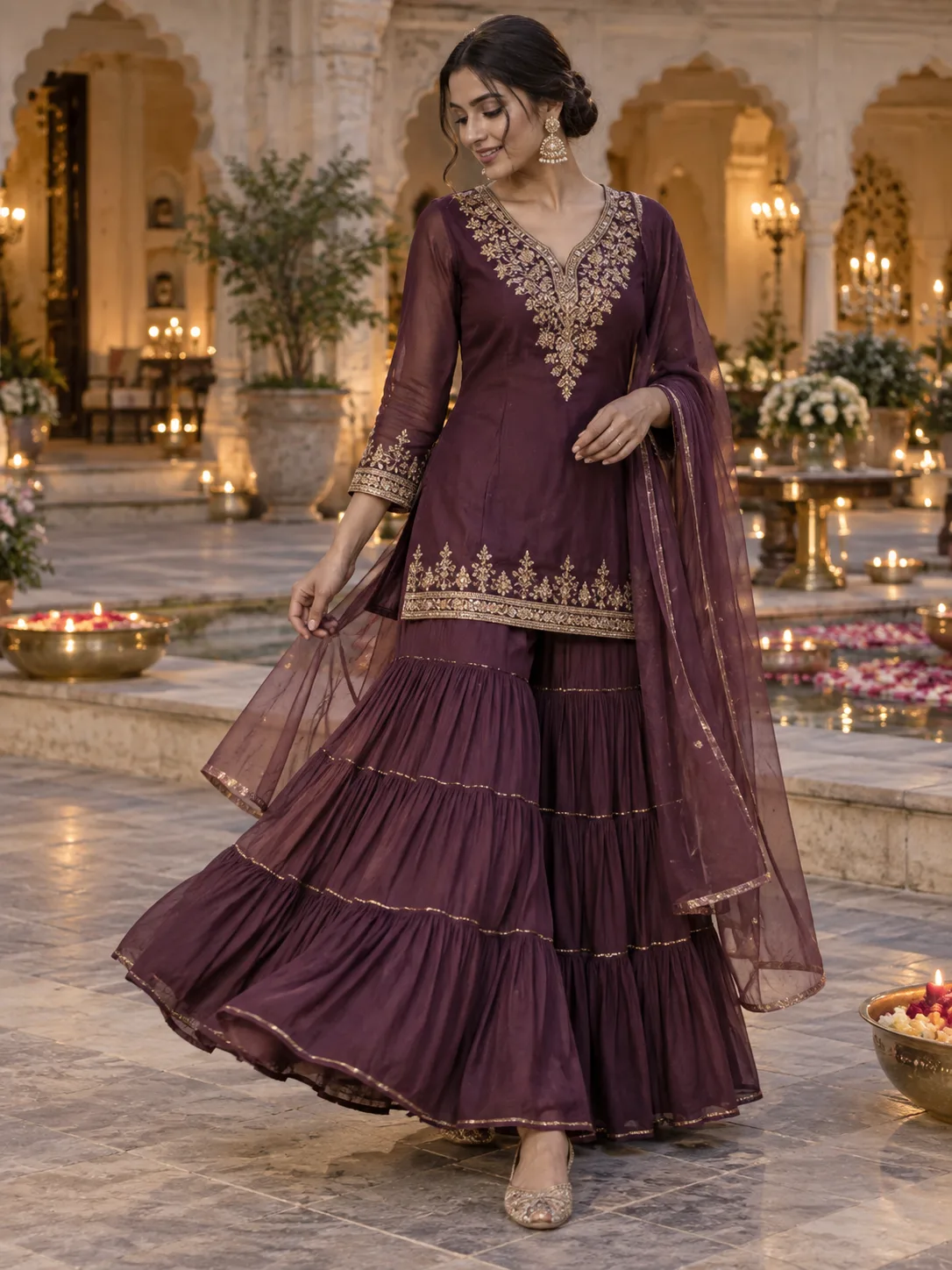 Short Embroidered Kurta With a Tiered Sharara