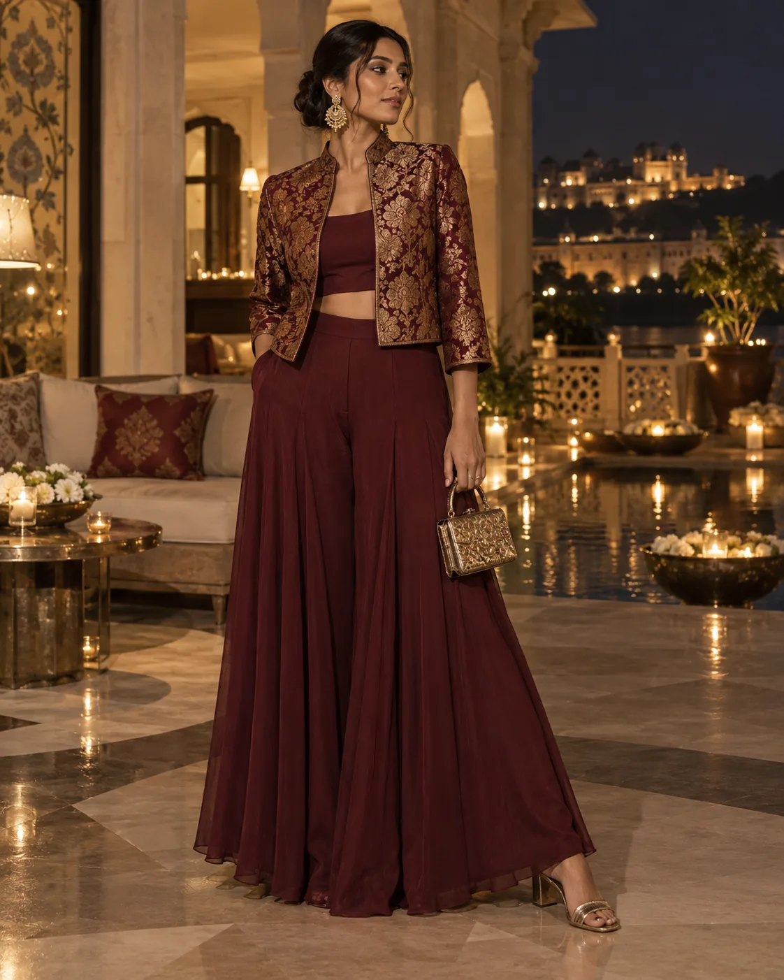 Brocade Jacket With a Minimal Blouse and Sharara Pants