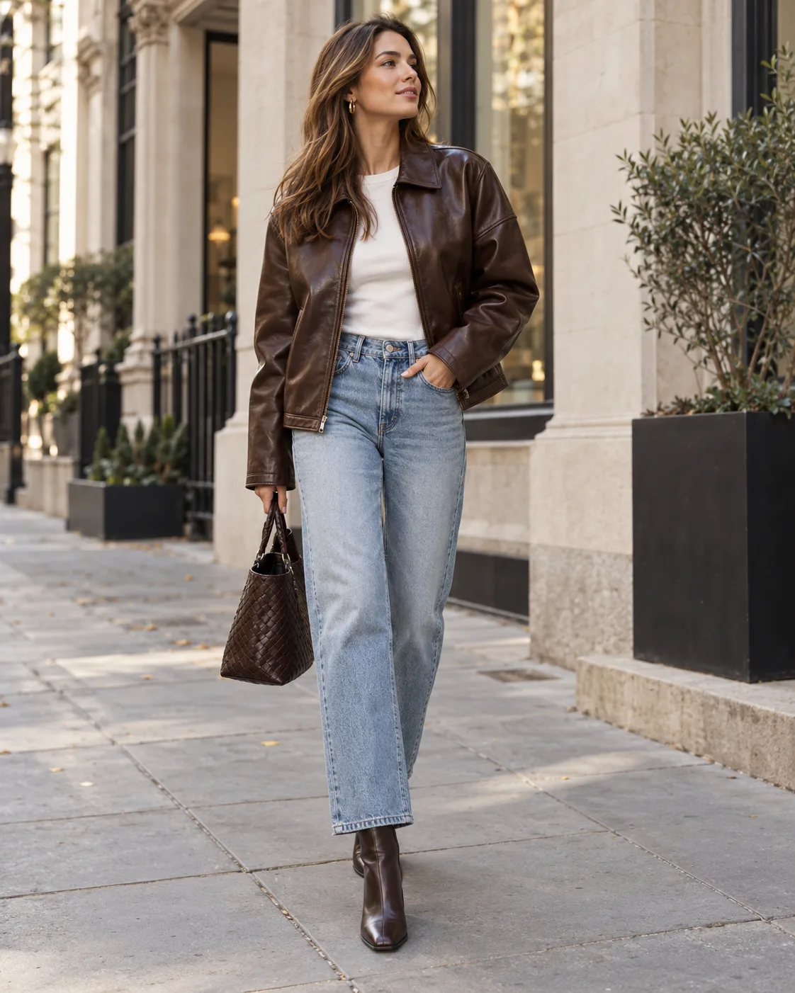 chocolate brown leather jacket with medium wash denim