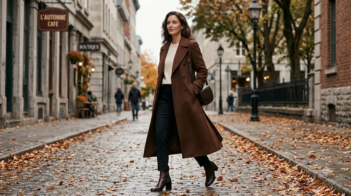 long chocolate brown coat with simple neutral base
