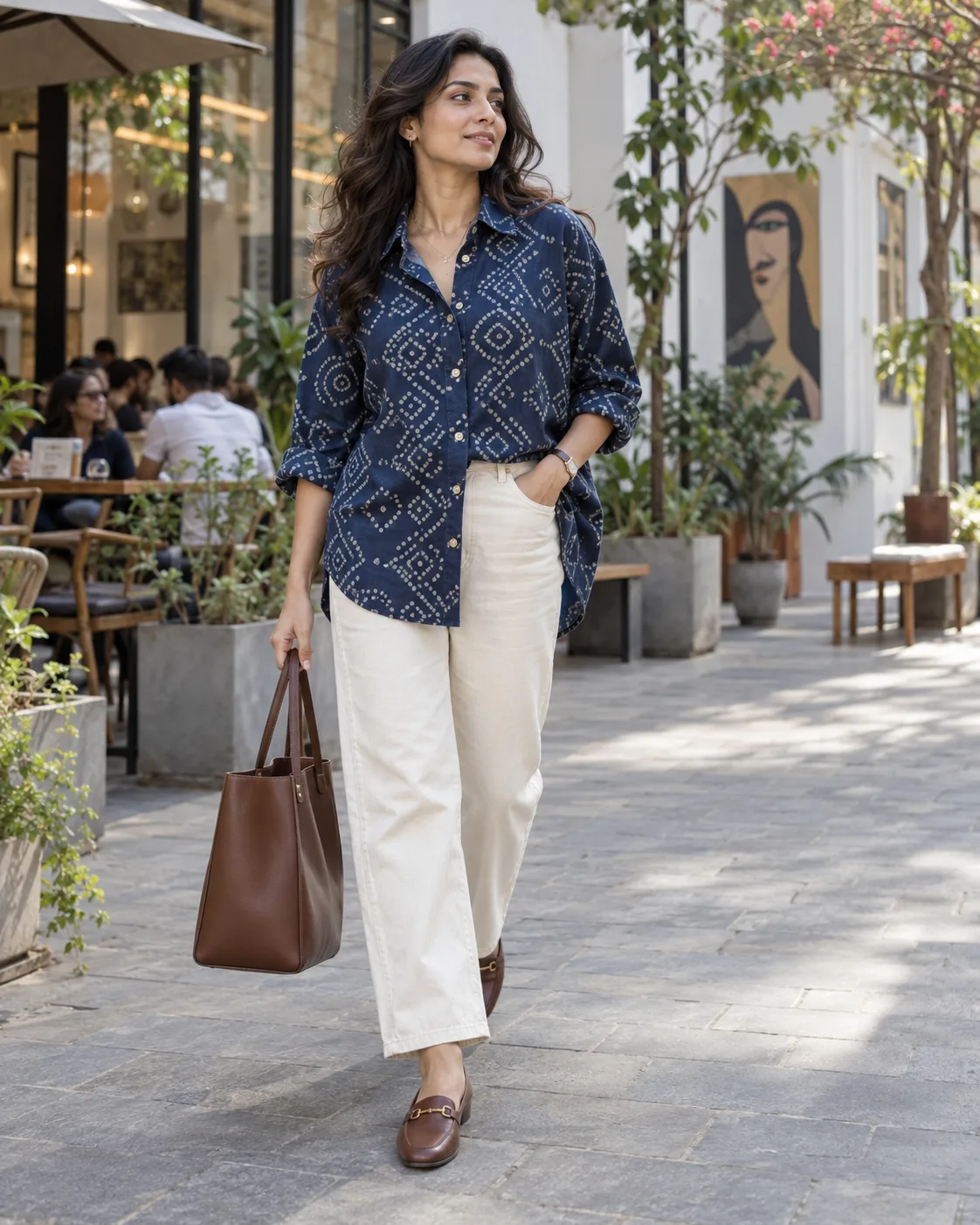 Oversized Bandhani Shirt With Ecru Jeans and Leather Flats
